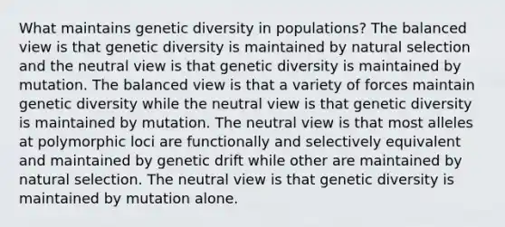 What maintains genetic diversity in populations? The balanced view is that genetic diversity is maintained by natural selection and the neutral view is that genetic diversity is maintained by mutation. The balanced view is that a variety of forces maintain genetic diversity while the neutral view is that genetic diversity is maintained by mutation. The neutral view is that most alleles at polymorphic loci are functionally and selectively equivalent and maintained by genetic drift while other are maintained by natural selection. The neutral view is that genetic diversity is maintained by mutation alone.