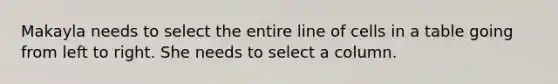 Makayla needs to select the entire line of cells in a table going from left to right. She needs to select a column.