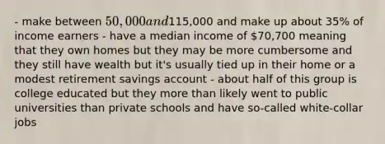 - make between 50,000 and115,000 and make up about 35% of income earners - have a median income of 70,700 meaning that they own homes but they may be more cumbersome and they still have wealth but it's usually tied up in their home or a modest retirement savings account - about half of this group is college educated but they more than likely went to public universities than private schools and have so-called white-collar jobs