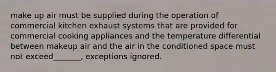 make up air must be supplied during the operation of commercial kitchen exhaust systems that are provided for commercial cooking appliances and the temperature differential between makeup air and the air in the conditioned space must not exceed_______, exceptions ignored.