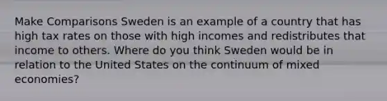 Make Comparisons Sweden is an example of a country that has high tax rates on those with high incomes and redistributes that income to others. Where do you think Sweden would be in relation to the United States on the continuum of mixed economies?