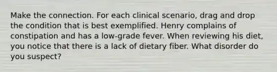 Make the connection. For each clinical scenario, drag and drop the condition that is best exemplified. Henry complains of constipation and has a low-grade fever. When reviewing his diet, you notice that there is a lack of dietary fiber. What disorder do you suspect?