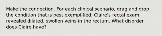 Make the connection. For each clinical scenario, drag and drop the condition that is best exemplified. Claire's rectal exam revealed dilated, swollen veins in the rectum. What disorder does Claire have?