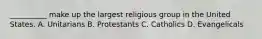 __________ make up the largest religious group in the United States. A. Unitarians B. Protestants C. Catholics D. Evangelicals