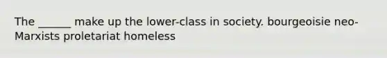 The ______ make up the lower-class in society. bourgeoisie neo-Marxists proletariat homeless