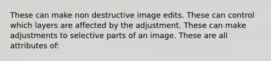 These can make non destructive image edits. These can control which layers are affected by the adjustment. These can make adjustments to selective parts of an image. These are all attributes of: