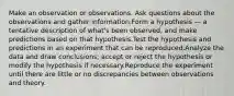 Make an observation or observations. Ask questions about the observations and gather information.Form a hypothesis — a tentative description of what's been observed, and make predictions based on that hypothesis.Test the hypothesis and predictions in an experiment that can be reproduced.Analyze the data and draw conclusions; accept or reject the hypothesis or modify the hypothesis if necessary.Reproduce the experiment until there are little or no discrepancies between observations and theory.
