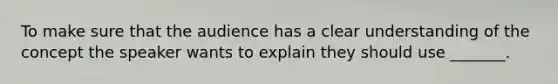 To make sure that the audience has a clear understanding of the concept the speaker wants to explain they should use _______.