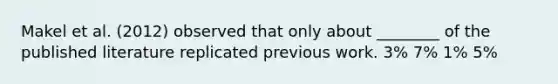 Makel et al. (2012) observed that only about ________ of the published literature replicated previous work. 3% 7% 1% 5%