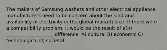 The makers of Samsung washers and other electrical appliance manufacturers need to be concern about the kind and availability of electricity in the global marketplace. If there were a compatibility problem, it would be the result of a(n) ____________________ difference. A) cultural B) economic C) technological D) societal