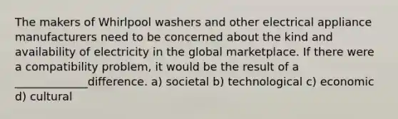 The makers of Whirlpool washers and other electrical appliance manufacturers need to be concerned about the kind and availability of electricity in the global marketplace. If there were a compatibility problem, it would be the result of a _____________difference. a) societal b) technological c) economic d) cultural