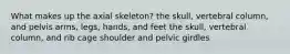 What makes up the axial skeleton? the skull, vertebral column, and pelvis arms, legs, hands, and feet the skull, vertebral column, and rib cage shoulder and pelvic girdles