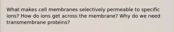 What makes cell membranes selectively permeable to specific ions? How do ions get across the membrane? Why do we need transmembrane proteins?