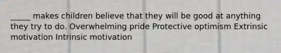 _____ makes children believe that they will be good at anything they try to do. Overwhelming pride Protective optimism Extrinsic motivation Intrinsic motivation