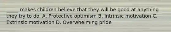 _____ makes children believe that they will be good at anything they try to do. A. Protective optimism B. Intrinsic motivation C. Extrinsic motivation D. Overwhelming pride