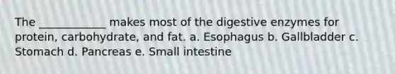 The ____________ makes most of the digestive enzymes for protein, carbohydrate, and fat. a. Esophagus b. Gallbladder c. Stomach d. Pancreas e. Small intestine