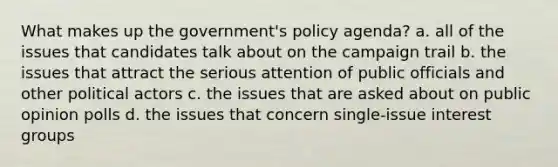 What makes up the government's policy agenda? a. all of the issues that candidates talk about on the campaign trail b. the issues that attract the serious attention of public officials and other political actors c. the issues that are asked about on public opinion polls d. the issues that concern single-issue interest groups