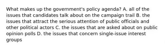 What makes up the government's policy agenda? A. all of the issues that candidates talk about on the campaign trail B. the issues that attract the serious attention of public officials and other political actors C. the issues that are asked about on public opinion polls D. the issues that concern single-issue interest groups