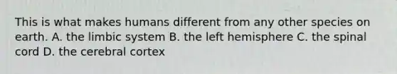 This is what makes humans different from any other species on earth. A. the limbic system B. the left hemisphere C. the spinal cord D. the cerebral cortex