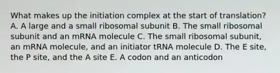 What makes up the initiation complex at the start of translation? A. A large and a small ribosomal subunit B. The small ribosomal subunit and an mRNA molecule C. The small ribosomal subunit, an mRNA molecule, and an initiator tRNA molecule D. The E site, the P site, and the A site E. A codon and an anticodon