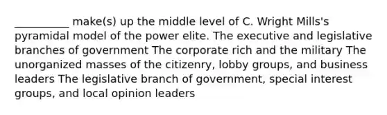 __________ make(s) up the middle level of C. Wright Mills's pyramidal model of the power elite. The executive and legislative branches of government The corporate rich and the military The unorganized masses of the citizenry, lobby groups, and business leaders The legislative branch of government, special interest groups, and local opinion leaders