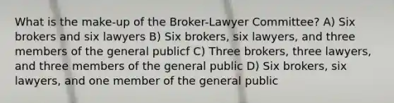 What is the make-up of the Broker-Lawyer Committee? A) Six brokers and six lawyers B) Six brokers, six lawyers, and three members of the general publicf C) Three brokers, three lawyers, and three members of the general public D) Six brokers, six lawyers, and one member of the general public