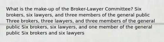 What is the make-up of the Broker-Lawyer Committee? Six brokers, six lawyers, and three members of the general public Three brokers, three lawyers, and three members of the general public Six brokers, six lawyers, and one member of the general public Six brokers and six lawyers