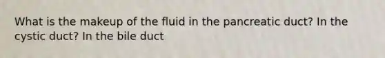 What is the makeup of the fluid in the pancreatic duct? In the cystic duct? In the bile duct