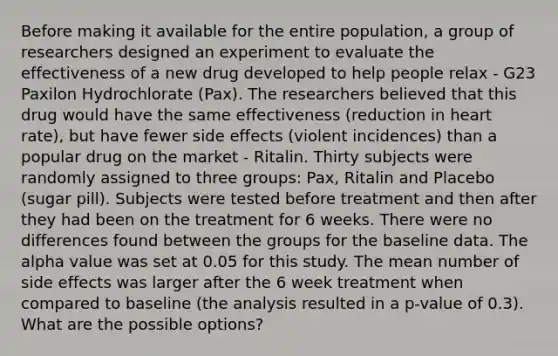 Before making it available for the entire population, a group of researchers designed an experiment to evaluate the effectiveness of a new drug developed to help people relax - G23 Paxilon Hydrochlorate (Pax). The researchers believed that this drug would have the same effectiveness (reduction in heart rate), but have fewer side effects (violent incidences) than a popular drug on the market - Ritalin. Thirty subjects were randomly assigned to three groups: Pax, Ritalin and Placebo (sugar pill). Subjects were tested before treatment and then after they had been on the treatment for 6 weeks. There were no differences found between the groups for the baseline data. The alpha value was set at 0.05 for this study. The mean number of side effects was larger after the 6 week treatment when compared to baseline (the analysis resulted in a p-value of 0.3). What are the possible options?