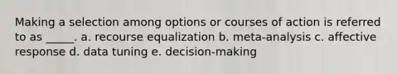 Making a selection among options or courses of action is referred to as _____. a. recourse equalization b. meta-analysis c. affective response d. data tuning e. decision-making