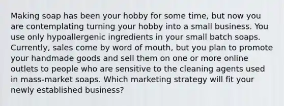 Making soap has been your hobby for some time, but now you are contemplating turning your hobby into a small business. You use only hypoallergenic ingredients in your small batch soaps. Currently, sales come by word of mouth, but you plan to promote your handmade goods and sell them on one or more online outlets to people who are sensitive to the cleaning agents used in mass-market soaps. Which marketing strategy will fit your newly established business?