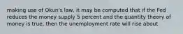 making use of Okun's law, it may be computed that if the Fed reduces the money supply 5 percent and the quantity theory of money is true, then the unemployment rate will rise about