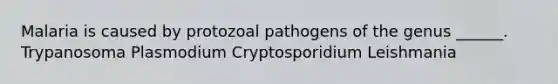 Malaria is caused by protozoal pathogens of the genus ______. Trypanosoma Plasmodium Cryptosporidium Leishmania