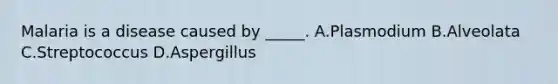 Malaria is a disease caused by _____. A.Plasmodium B.Alveolata C.Streptococcus D.Aspergillus