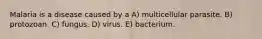 Malaria is a disease caused by a A) multicellular parasite. B) protozoan. C) fungus. D) virus. E) bacterium.