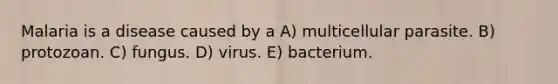 Malaria is a disease caused by a A) multicellular parasite. B) protozoan. C) fungus. D) virus. E) bacterium.