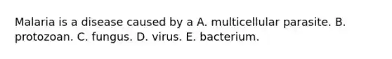 Malaria is a disease caused by a A. multicellular parasite. B. protozoan. C. fungus. D. virus. E. bacterium.