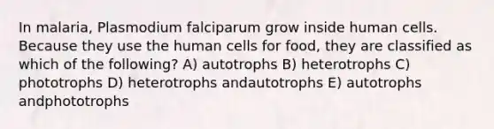 In malaria, Plasmodium falciparum grow inside human cells. Because they use the human cells for food, they are classified as which of the following? A) autotrophs B) heterotrophs C) phototrophs D) heterotrophs andautotrophs E) autotrophs andphototrophs