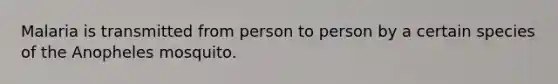 Malaria is transmitted from person to person by a certain species of the Anopheles mosquito.
