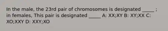 In the male, the 23rd pair of chromosomes is designated _____ ; in females, This pair is designated _____ A: XX;XY B: XY;XX C: XO;XXY D: XXY;XO