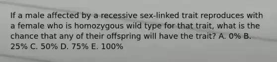 If a male affected by a recessive sex-linked trait reproduces with a female who is homozygous wild type for that trait, what is the chance that any of their offspring will have the trait? A. 0% B. 25% C. 50% D. 75% E. 100%