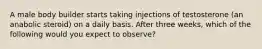 A male body builder starts taking injections of testosterone (an anabolic steroid) on a daily basis. After three weeks, which of the following would you expect to observe?