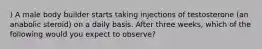 ) A male body builder starts taking injections of testosterone (an anabolic steroid) on a daily basis. After three weeks, which of the following would you expect to observe?