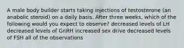 A male body builder starts taking injections of testosterone (an anabolic steroid) on a daily basis. After three weeks, which of the following would you expect to observe? decreased levels of LH decreased levels of GnRH increased sex drive decreased levels of FSH all of the observations