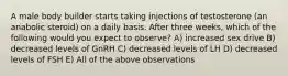 A male body builder starts taking injections of testosterone (an anabolic steroid) on a daily basis. After three weeks, which of the following would you expect to observe? A) increased sex drive B) decreased levels of GnRH C) decreased levels of LH D) decreased levels of FSH E) All of the above observations