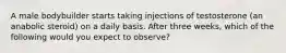 A male bodybuilder starts taking injections of testosterone (an anabolic steroid) on a daily basis. After three weeks, which of the following would you expect to observe?