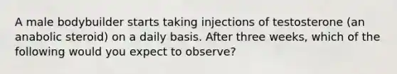 A male bodybuilder starts taking injections of testosterone (an anabolic steroid) on a daily basis. After three weeks, which of the following would you expect to observe?