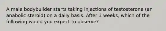 A male bodybuilder starts taking injections of testosterone (an anabolic steroid) on a daily basis. After 3 weeks, which of the following would you expect to observe?