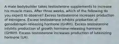 A male bodybuilder takes testosterone supplements to increase his muscle mass. After three weeks, which of the following do you expect to observe? Excess testosterone increases production of estrogens. Excess testosterone inhibits production of gonadotropin-releasing hormone (GnRH). Excess testosterone inhibits production of growth hormone-releasing hormone (GHRH). Excess testosterone increases production of luteinizing hormone (LH).