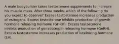 A male bodybuilder takes testosterone supplements to increase his muscle mass. After three weeks, which of the following do you expect to observe? Excess testosterone increases production of estrogens. Excess testosterone inhibits production of growth hormone-releasing hormone (GHRH). Excess testosterone inhibits production of gonadotropin-releasing hormone (GnRH). Excess testosterone increases production of luteinizing hormone (LH).